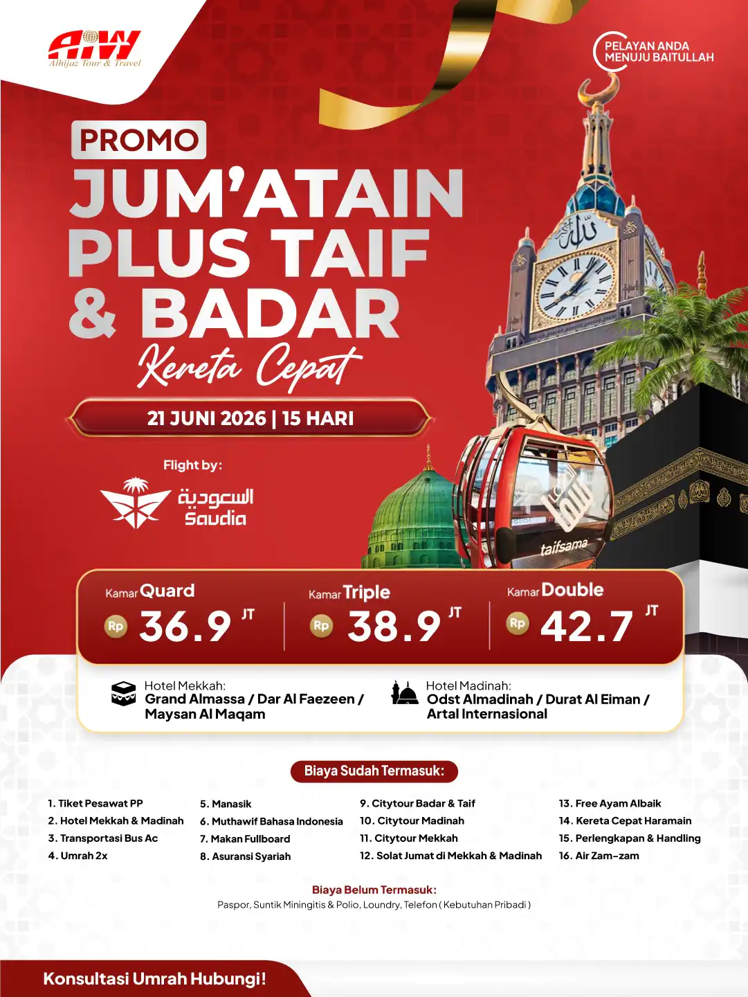 UMROH JUM'ATAIN PLUS TAIF + BADAR MIX PAKET UHUD & RAHMAH 12HR (KERETA CEPAT)